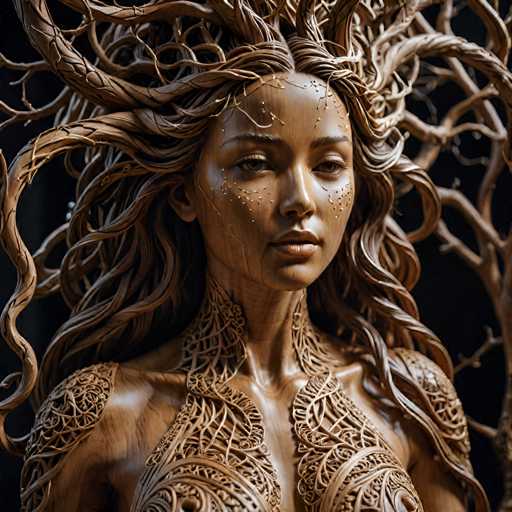 The image shows a close-up view of a wooden sculpture depicting a woman with long hair and intricate designs on her face and neck. The sculpture is carved from wood, showcasing the artist's skill in creating detailed patterns and textures. The background is dark, which contrasts with the lightness of the sculpture and draws attention to it.