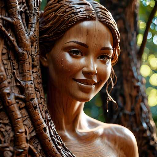 A wooden sculpture of a woman with brown hair and a smile on her face is the main focus of this image. The sculpture is positioned against a tree trunk, creating an interesting contrast between the organic and man-made elements.