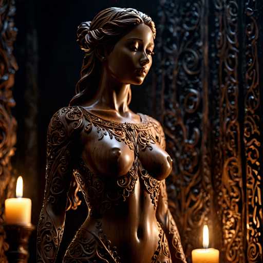 A bronze statue of a woman with long hair and a flowing dress stands on a pedestal against a dark background. The statue is adorned with intricate gold designs that add to its elegance. Two candles flicker in the background, casting a warm glow over the scene.