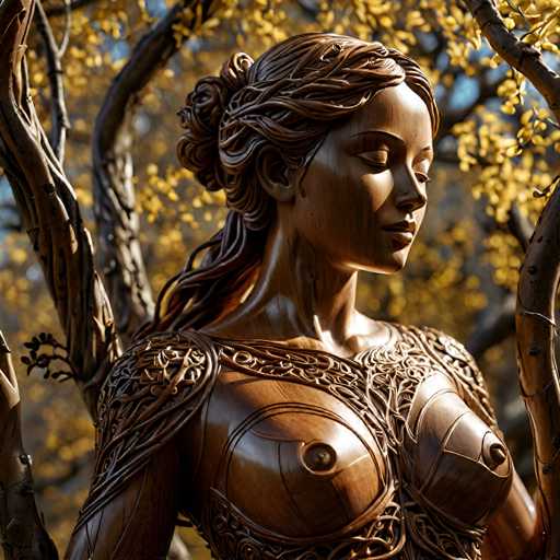 A bronze statue of a woman with long hair and a flower on her head is the central focus of this image. The statue is carved from wood and is positioned in front of a tree branch that extends into the background.