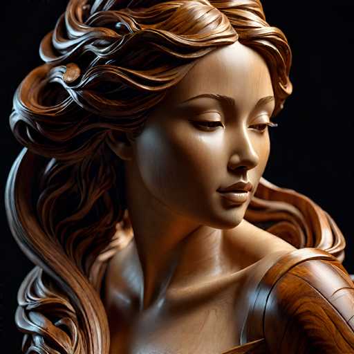 The image shows a wooden sculpture of a woman's face and upper body. The sculpture is carved from wood with intricate details that give it a lifelike appearance. The woman has long hair flowing down her back, adding to the realism of the piece. The sculpture is set against a black background, which contrasts with the brown color of the wood and highlights its features.
