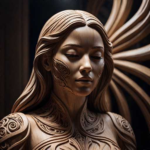 The image shows a wooden sculpture of a woman's face and neck. The sculpture is carved from wood with intricate patterns and designs on the skin, giving it a lifelike appearance. The woman's eyes are closed, and her hair is styled in loose waves. The background is dark, which contrasts with the light-colored wood of the sculpture, making it stand out prominently.