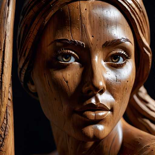 The image shows a close-up view of a wooden sculpture depicting the face and upper body of a woman. The sculpture is made from wood and has a rough texture, giving it an organic feel. The artist's attention to detail is evident in the intricate features of the sculpture, such as the eyes, nose, mouth, and hair.