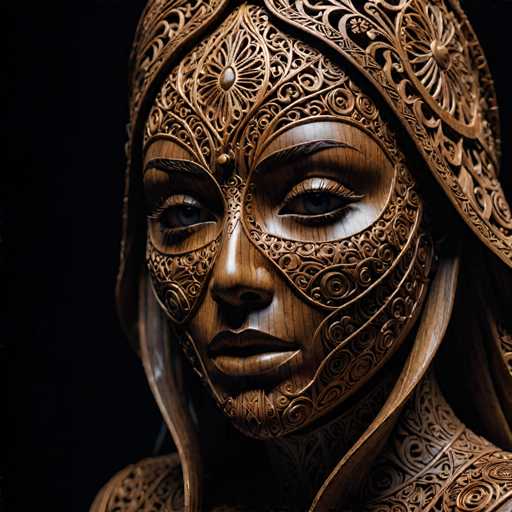 The image shows a close-up view of a wooden sculpture depicting the face and upper body of a woman. The sculpture is intricately carved with detailed patterns and designs, showcasing the artist's skill in woodworking. The dark background further emphasizes the sculpture, making it the focal point of the image.