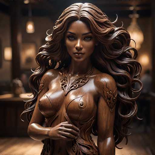 The image shows a bronze statue of a woman with long brown hair and a necklace. The statue is posed in front of a wooden wall, which adds an element of rustic charm to the scene. The woman's face is turned towards the camera, giving her a direct gaze that invites the viewer into the frame.