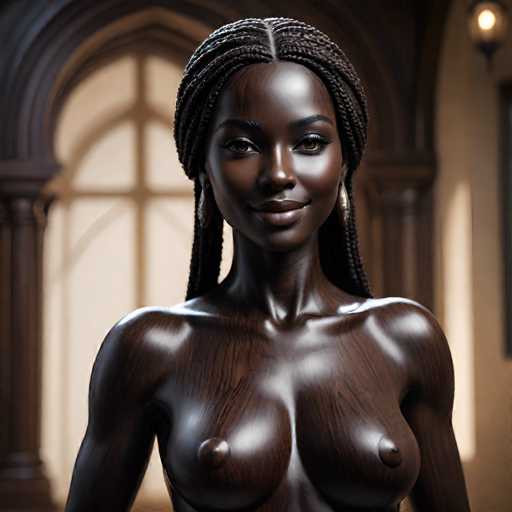 A statue of a woman with long braids and dark skin is posed against the backdrop of an ornate archway and window. The woman's face is turned towards the camera, her eyes closed in a serene expression.