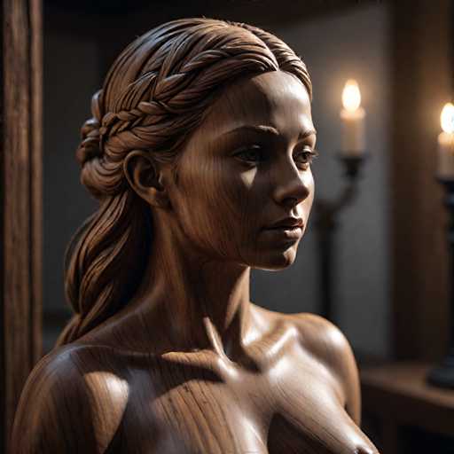 The image shows a wooden sculpture of a woman with long hair and a braid, positioned against the backdrop of two candles on a table. The sculpture is carved from wood, exhibiting intricate details that bring it to life.