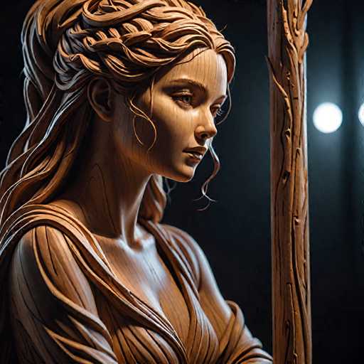 The image shows a wooden sculpture of a woman's face and body. The sculpture is carved from wood with intricate details that give it a lifelike appearance. The woman has long hair and is wearing a dress, suggesting she may be a female artist or model who has posed for the sculpture. The sculpture is positioned in front of a light source, which illuminates her face and highlights the fine details of the carving.