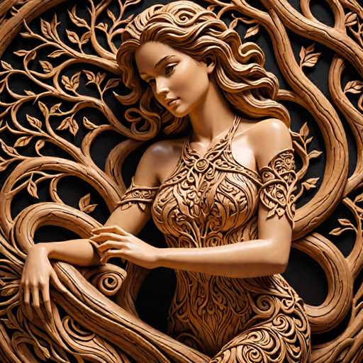 The image depicts a wooden sculpture of a woman with long hair and a dress adorned with intricate patterns. The sculpture is positioned on the left side of the frame against a black background, creating a striking contrast that highlights its details.
