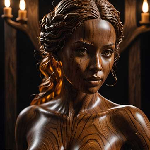 The image shows a wooden sculpture of a woman's face and body. The sculpture is made from dark wood with light brown accents, giving it an antique appearance. The woman has long hair that cascades down her back, adding to the overall elegance of the piece. The background features a black wall adorned with four candles, creating a dramatic effect against the dark wood of the sculpture.