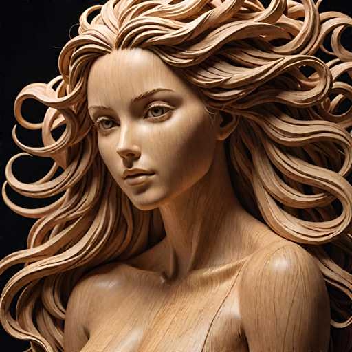 The image shows a wooden sculpture of a woman with long hair and a face. The sculpture is carved from wood and has a light brown color that contrasts with the dark background. The woman's pose suggests she is looking directly at the camera, creating an engaging visual experience for the viewer.