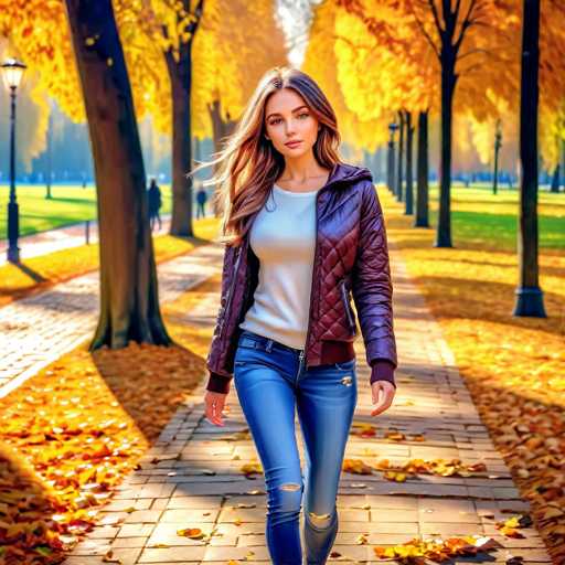 A woman is walking down a tree-lined path in an autumn park. She is wearing a purple jacket and blue jeans with her hair styled in loose waves. The trees lining the path have yellow leaves, suggesting that it's fall season.