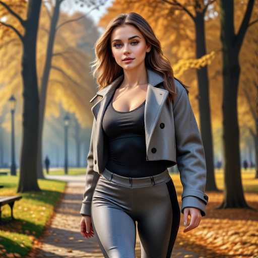 A woman is walking down a path lined with trees on a sunny day. She is wearing a black tank top and gray pants, and she has her hair styled in loose waves. The background features the vibrant colors of autumn leaves against a clear blue sky.