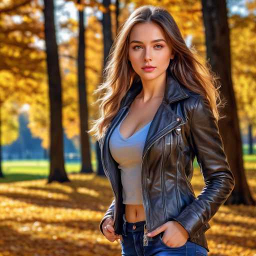 A young woman with long brown hair is standing in a park surrounded by trees and leaves. She is wearing a black leather jacket over a gray tank top and blue jeans. The background features the vibrant colors of autumn, including yellow and orange leaves on the trees.