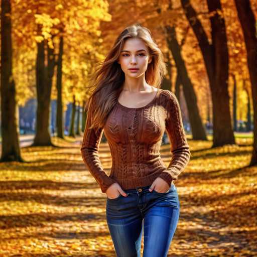 A young woman with long brown hair is walking down a path lined with trees in an autumn setting. She is wearing a brown sweater and blue jeans. The leaves on the trees have turned yellow, indicating that it's fall season.