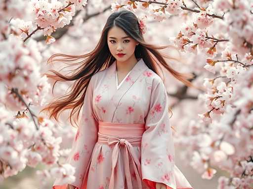 A woman is standing in front of a tree with pink flowers and wearing a pink kimono with white floral patterns on the sleeves and collar.