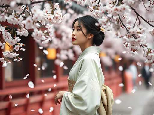 A woman dressed in traditional Japanese clothing stands under a cherry blossom tree with pink flowers and white petals falling around her.