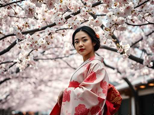 A young woman is standing under a cherry blossom tree with pink flowers and red leaves. She is wearing a traditional Japanese kimono that has white and red floral patterns on the skirt and a matching pink obi around her waist. The background features more cherry blossoms in full bloom, creating a serene and picturesque setting for the woman's pose.
The image does not contain any discernible text or other objects, making it an ideal representation of traditional Japanese culture and attire.