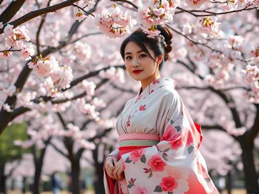A young woman stands in front of a tree with pink flowers and red leaves, wearing a traditional Japanese kimono with white and pink floral patterns.