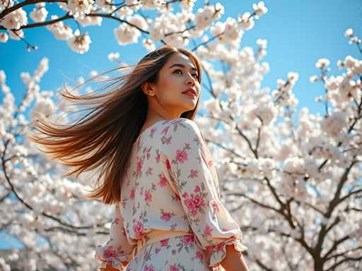 A woman with long brown hair is standing under a tree filled with white flowers and wearing a white dress with pink flowers on it.
