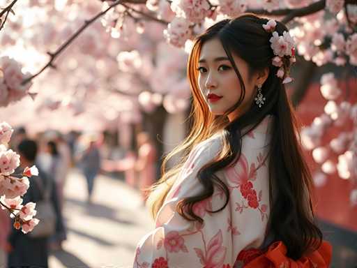 A young woman with long brown hair is standing under a cherry blossom tree, wearing an orange and white kimono that has pink flowers on it. She is looking directly at the camera with a serious expression.