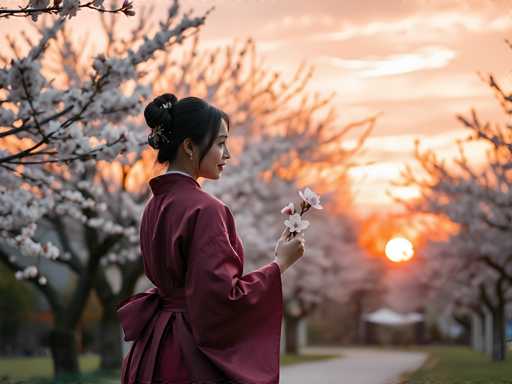 A woman dressed in traditional Japanese clothing stands on a sidewalk at sunset, holding a bouquet of white flowers and gazing towards the horizon where the sun is setting over trees.