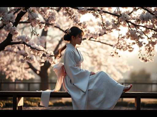 A woman dressed in traditional Japanese clothing is seated on a bench under cherry blossom trees, with her legs crossed and facing the camera.
