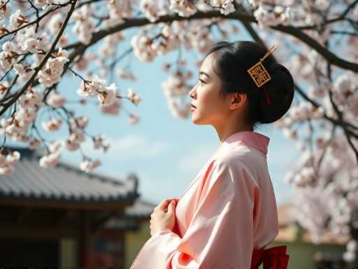 A young woman dressed in traditional Japanese clothing stands under a cherry blossom tree with white flowers and pink blossoms on the branches. She wears a pink kimono with a gold headpiece that features a red ribbon tied around it. The background shows a building with a gray roof, suggesting an urban setting.