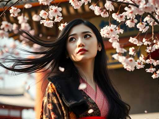 A young woman with long dark hair is standing under a cherry blossom tree, wearing a traditional Japanese kimono and holding a parasol. The background features the pink blossoms of the tree in full bloom against a clear blue sky.