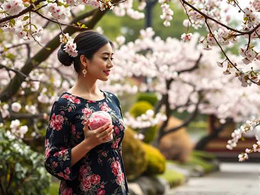 A woman is standing under a tree with pink flowers and holding a pink object in her hand. She has dark hair styled in an updo and is wearing a black dress adorned with white floral patterns. The background features more trees and bushes, creating a serene and natural setting for the scene.
