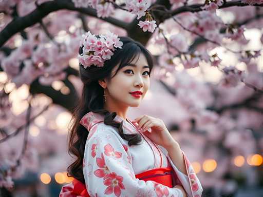 A young woman with long dark hair is the main subject of this image. She is wearing a traditional Japanese kimono and has pink flowers adorning her hair. The background features cherry blossom trees in full bloom, creating a serene and picturesque setting for the photograph.