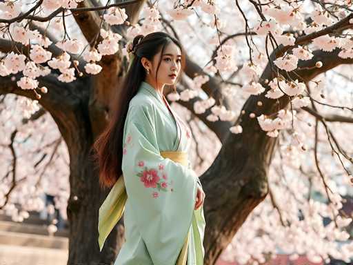 A young woman dressed in traditional Japanese clothing stands in front of a tree with pink flowers and branches adorned with white blossoms.