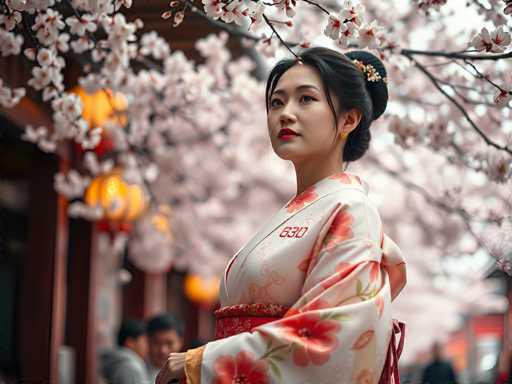 A young woman wearing an orange and white kimono stands on a street lined with cherry blossom trees, her back turned towards the camera as she gazes off into the distance.