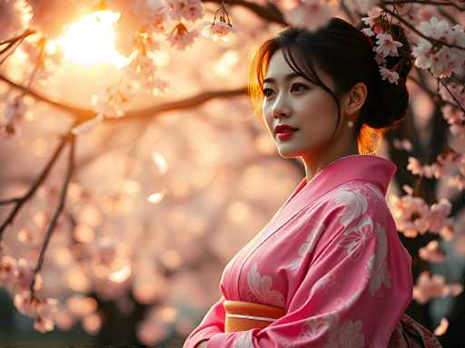 A woman wearing a pink kimono stands under a tree with pink flowers and is looking off to the side.