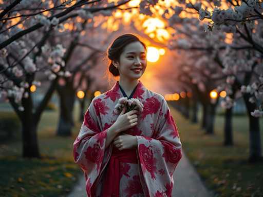 A young woman is standing on a sidewalk at sunset, wearing a traditional Japanese kimono with pink and white floral patterns. She holds a bouquet of flowers in her hands. The setting sun casts a warm glow over the scene, highlighting the vibrant colors of the flowers against the backdrop of trees lining the street.