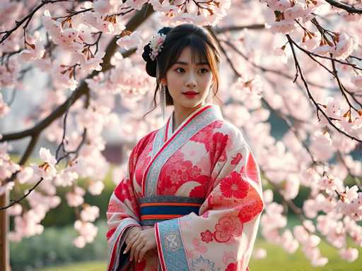 A young woman dressed in traditional Japanese clothing stands in front of a tree with pink flowers and branches.