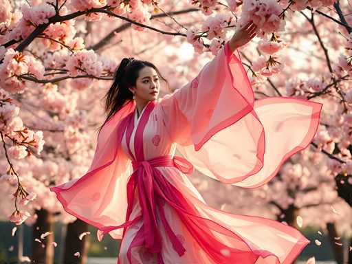 A woman is captured mid-dance in a pink and white traditional Chinese dress with a long train flowing behind her as she twirls around in front of a backdrop of cherry blossoms.
