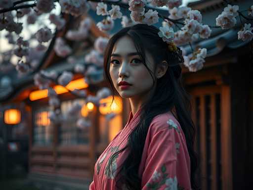 A young woman with long dark hair is standing in front of a traditional Japanese house adorned with pink flowers and lanterns that cast a warm glow on the scene. She is dressed in a pink kimono decorated with white flowers, adding to the cultural ambiance of the image. The background features a wooden structure with a sloping roof, typical of traditional Japanese architecture.