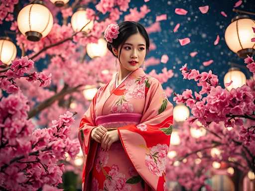 A woman is standing in front of a pink tree with white flowers and wearing a traditional Japanese kimono. The background features lanterns hanging from the trees, creating an ethereal atmosphere.