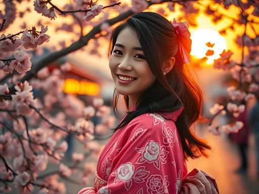 A young woman with long dark hair is standing under a tree adorned with pink flowers and wearing a pink kimono decorated with white roses. The setting sun casts a warm glow on the scene, creating an atmosphere of tranquility and beauty.