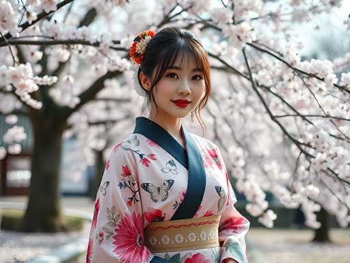 A young woman wearing a traditional Japanese kimono stands in front of a cherry blossom tree with white flowers. The kimono is adorned with pink and red floral patterns on the sleeves and collar, and she wears a gold belt cinched at the waist. Her hair is styled in an elegant updo, and she has a flower pinned to her hair.