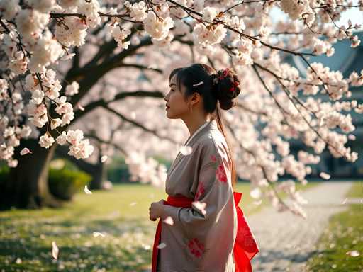 A woman dressed in traditional Japanese clothing stands under a cherry blossom tree with pink flowers and white petals falling around her.