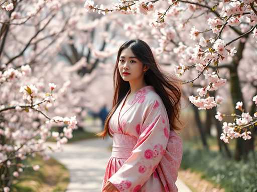 A young woman stands in front of a tree with pink flowers and a gray sidewalk, wearing a pink kimono with white floral patterns.