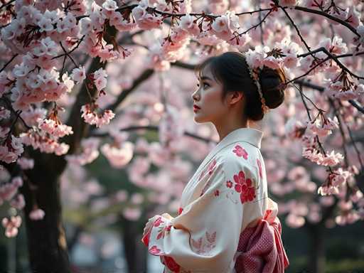 A young woman stands under a cherry blossom tree with pink flowers and white petals, wearing a traditional Japanese kimono with red and white floral patterns.