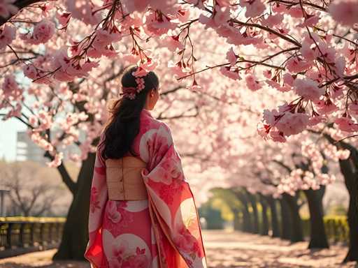 A woman wearing a pink and white kimono stands under a tree with pink flowers, facing away from the camera.