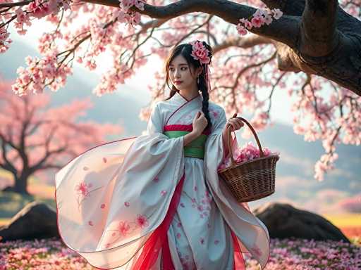 A woman dressed in traditional Chinese clothing stands under a tree with pink flowers and holds a basket of flowers on her head.