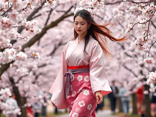 A woman wearing traditional Japanese clothing is walking through a park during cherry blossom season. She is carrying a pink purse and has long hair that flows behind her as she walks. The park around her is filled with trees adorned in pink blossoms, creating a beautiful backdrop for the scene.