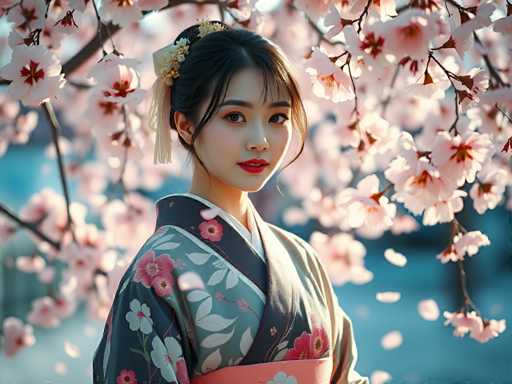 A young woman is captured in a moment of quiet contemplation under a cherry blossom tree. She is adorned in a traditional Japanese kimono that is predominantly white with accents of pink and blue. The kimono features a floral pattern on the sleeves and collar, adding to its elegance. A gold headband rests atop her hair, complementing her attire. Her gaze is directed straight at the camera, creating an intimate connection between the viewer and the subject.