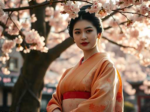 A young woman wearing an orange kimono with a red sash stands in front of a tree adorned with pink flowers and white cherry blossoms.