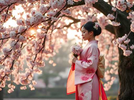 A woman dressed in traditional Japanese clothing stands under a cherry blossom tree with pink flowers and white petals, holding a bouquet of pink and white flowers.
